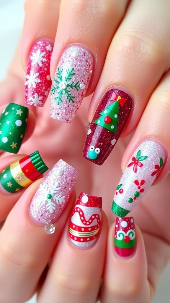 Festive Christmas Gel Nail Designs A collection of unique Christmas gel nails showcasing festive designs like snowflakes and Christmas trees.